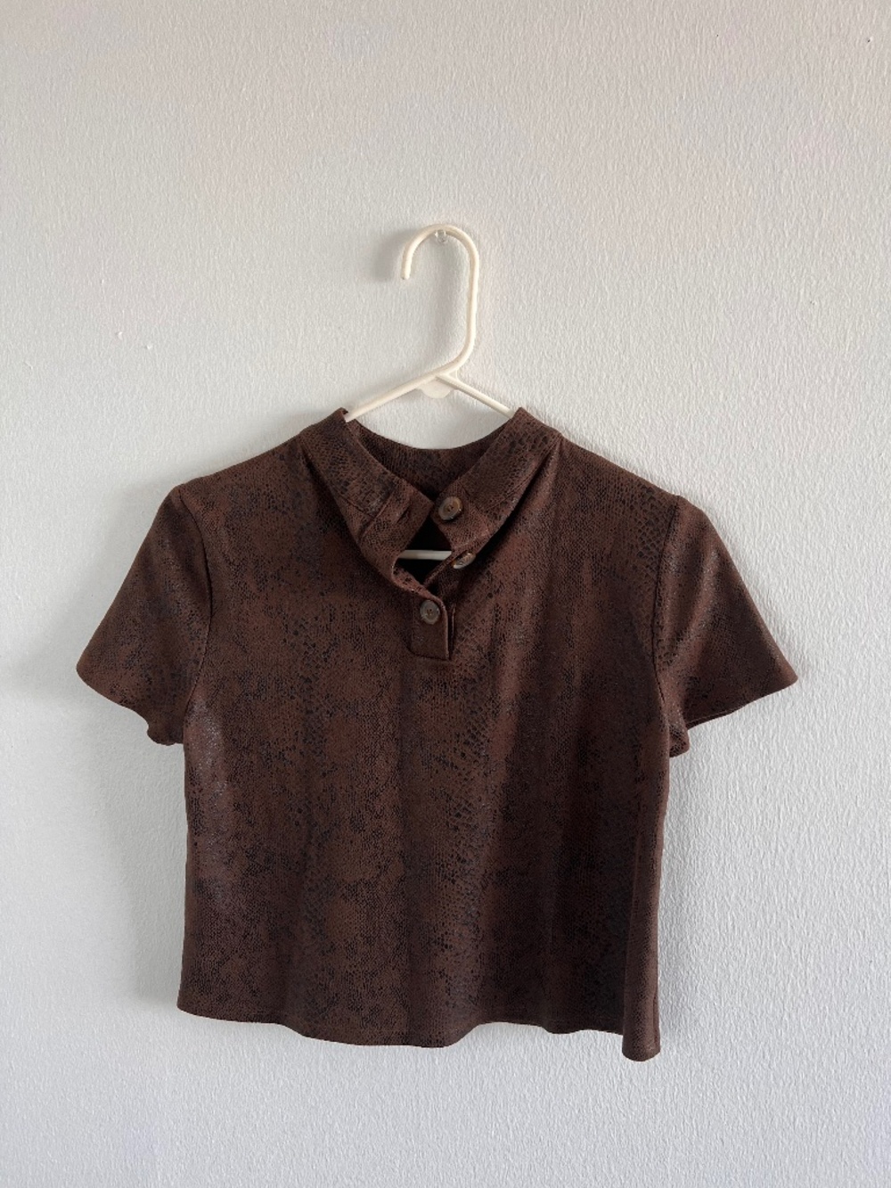 Brown Snakeskin Print Faux Suede Cropped Polo Top